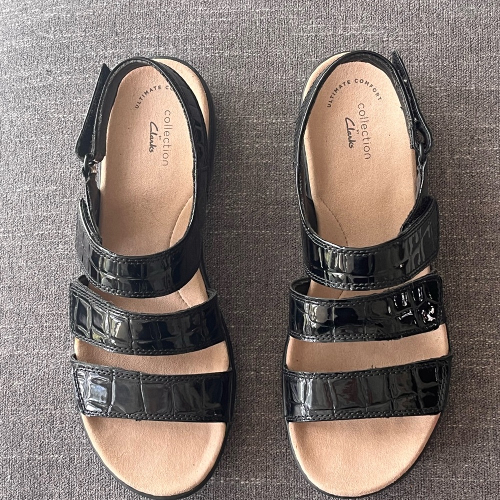 Clarks Black Patent Three-Strap Slingback Sandals